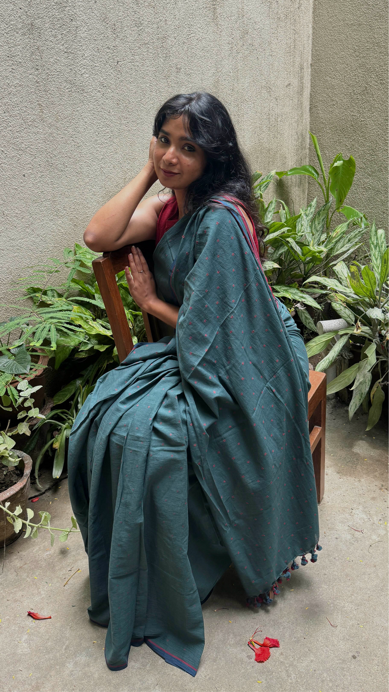 Green & Red Dots - Handloom Cotton Jamdani Saree