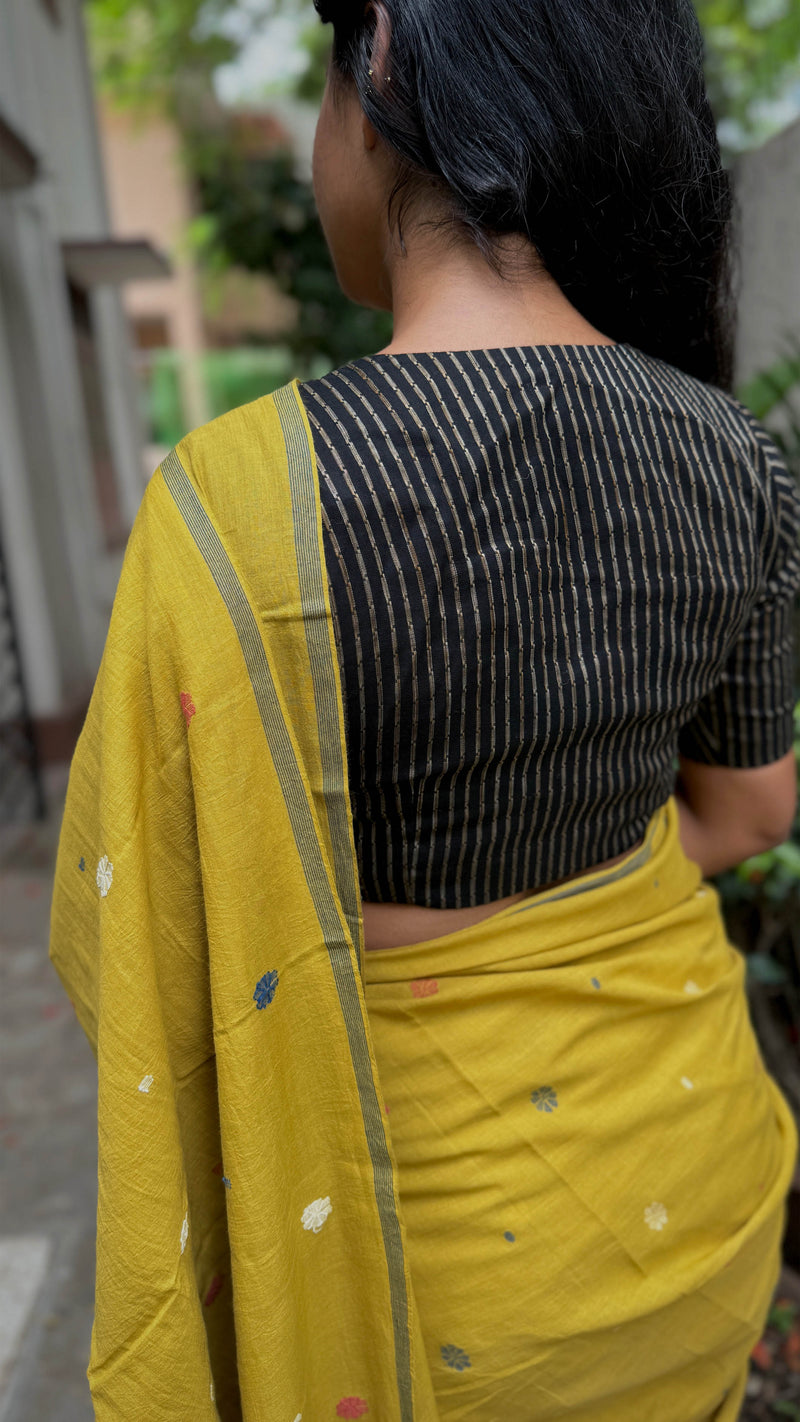 Yellow Multicolour Floral-Handloom Cotton Jamdani Saree