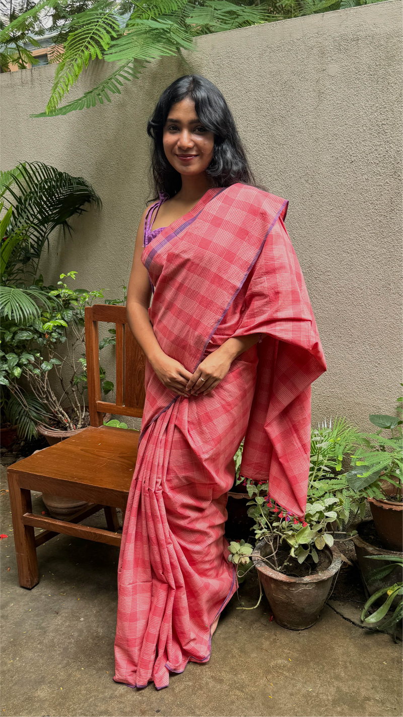 Dark Peach Checks - Handloom Cotton Saree