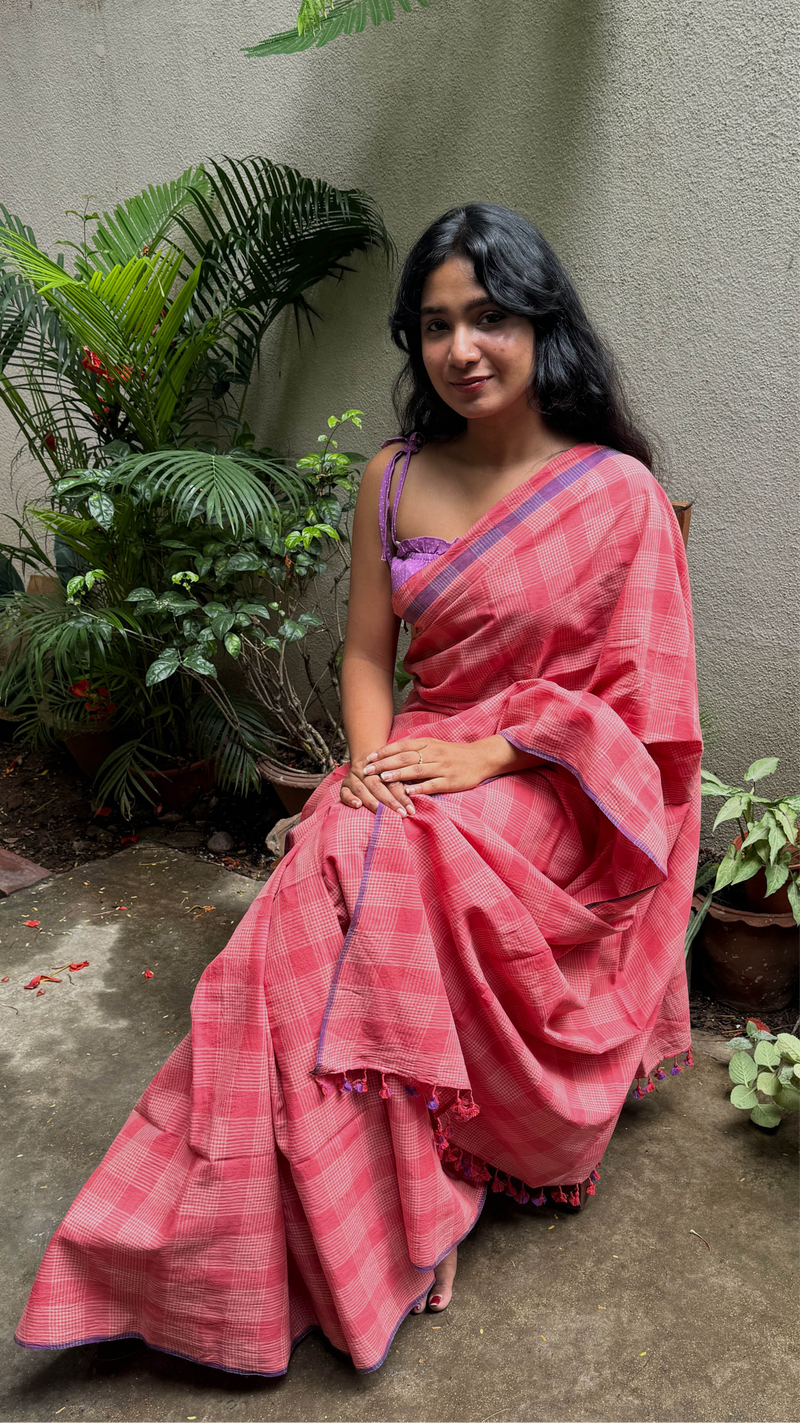 Dark Peach Checks - Handloom Cotton Saree