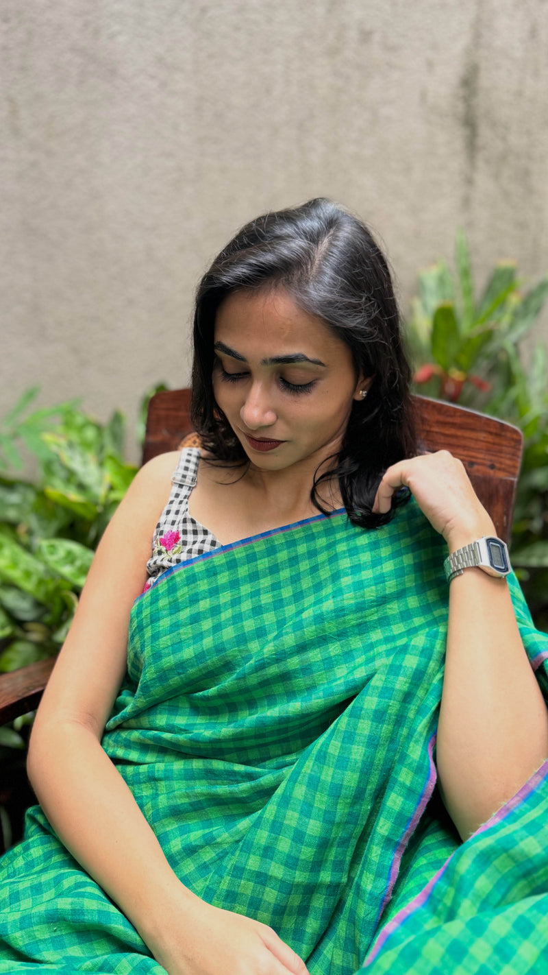 Green Checks - Handloom Linen Saree