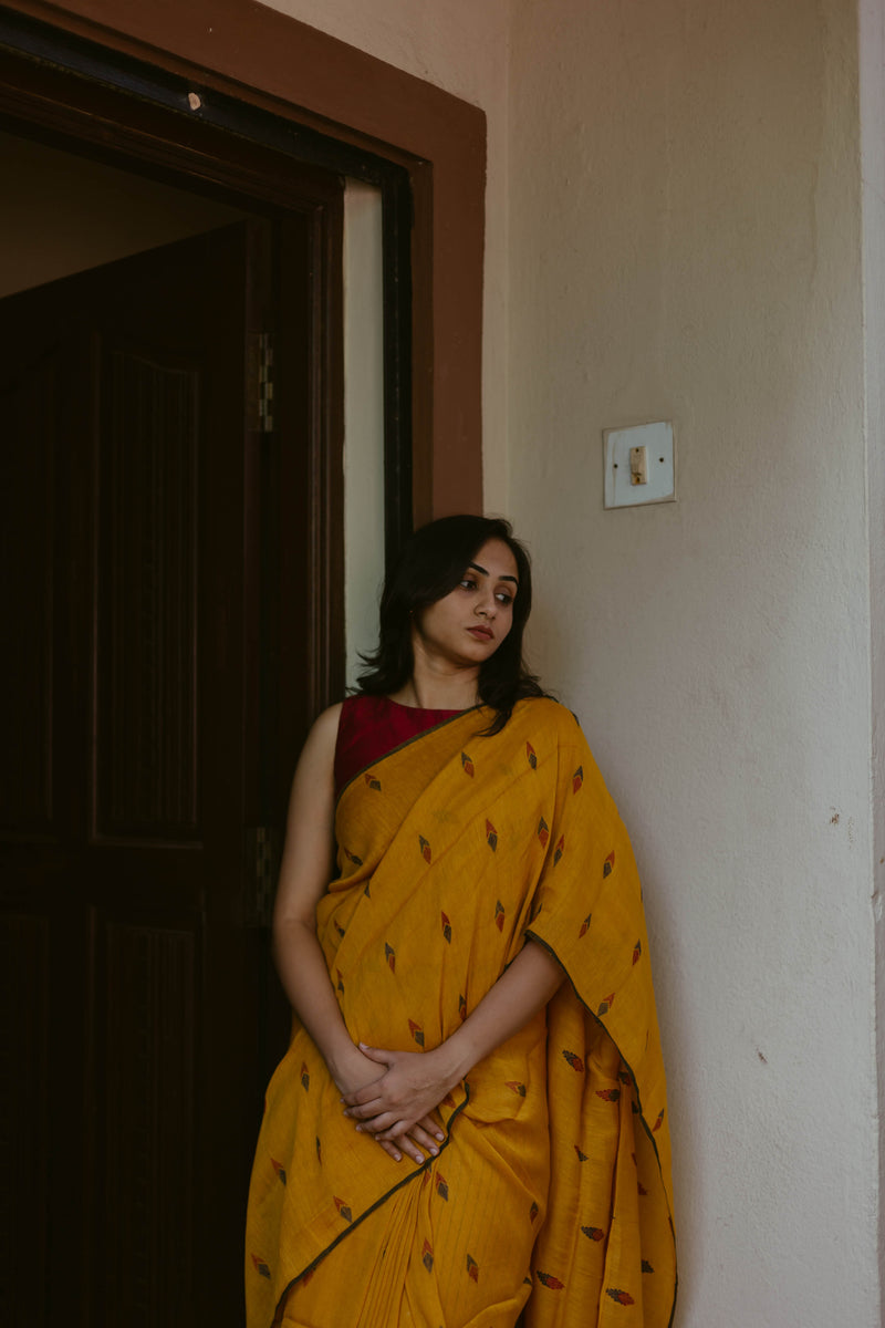 Bright Yellow - Handloom Linen Jamdani Saree