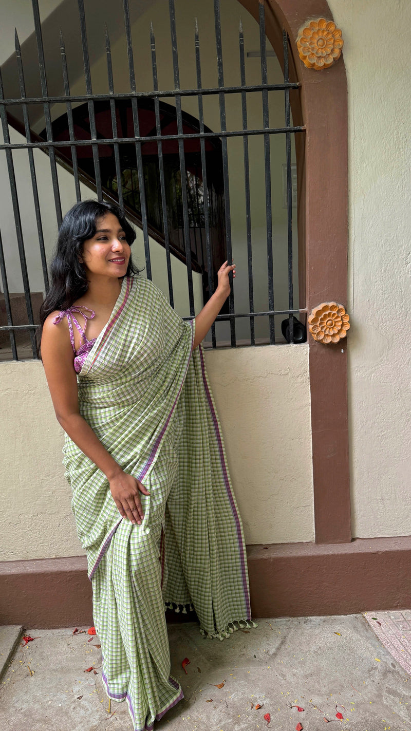 Light Green & Purple Checks Handloom Cotton Saree