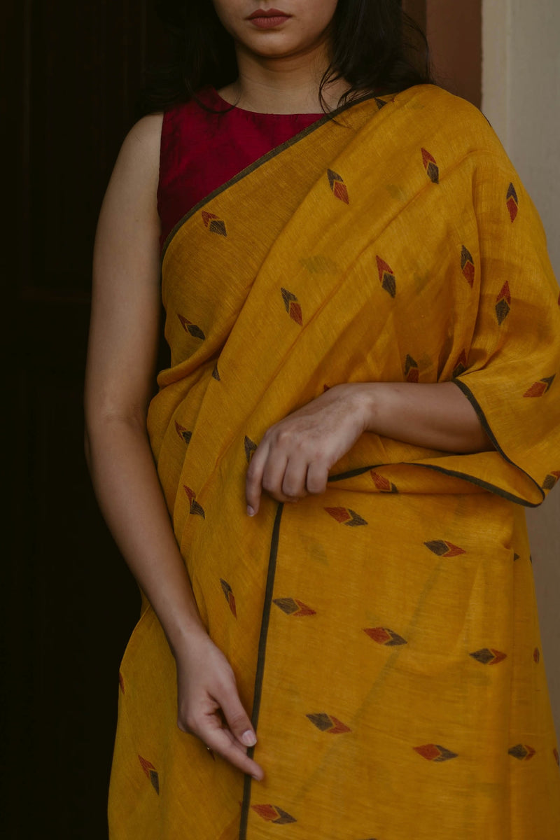 Bright Yellow - Handloom Linen Jamdani Saree