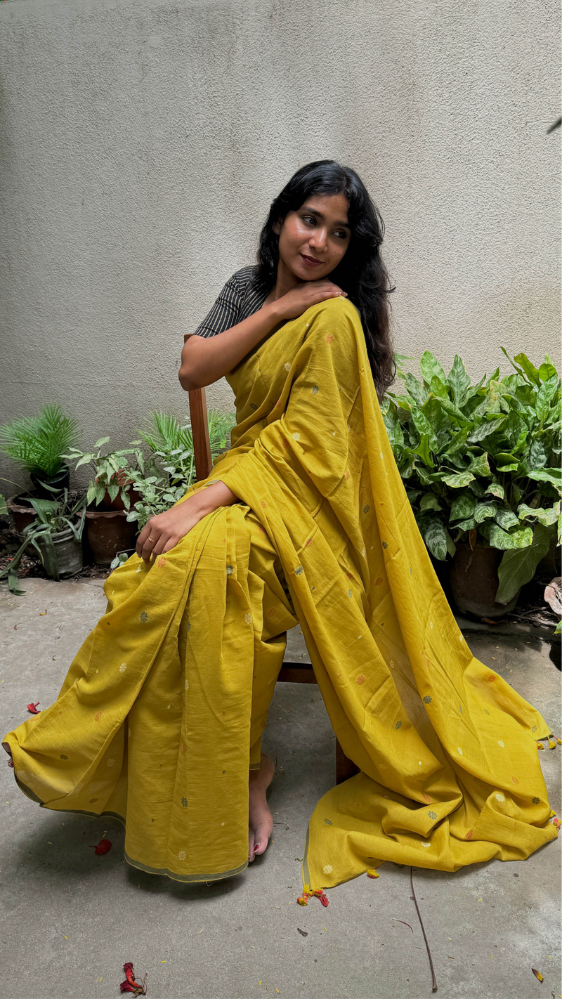 Yellow Multicolour Floral-Handloom Cotton Jamdani Saree