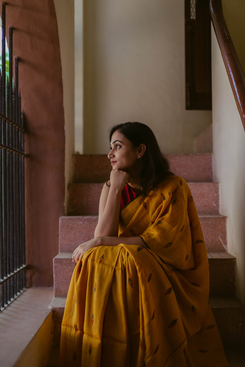 Bright Yellow - Handloom Linen Jamdani Saree