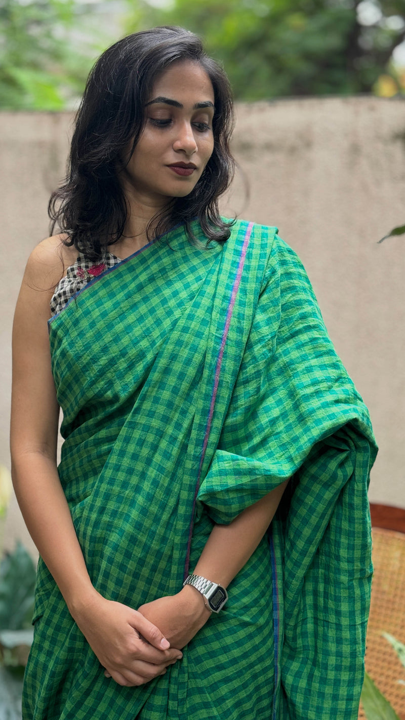 Green Checks - Handloom Linen Saree