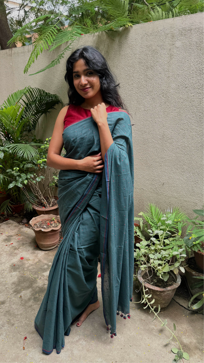 Green & Red Dots - Handloom Cotton Jamdani Saree