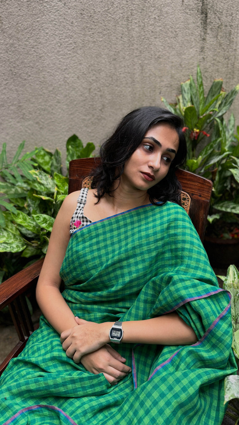 Green Checks - Handloom Linen Saree