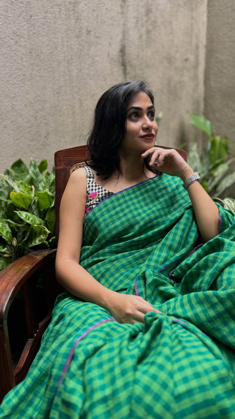 Green Checks - Handloom Linen Saree