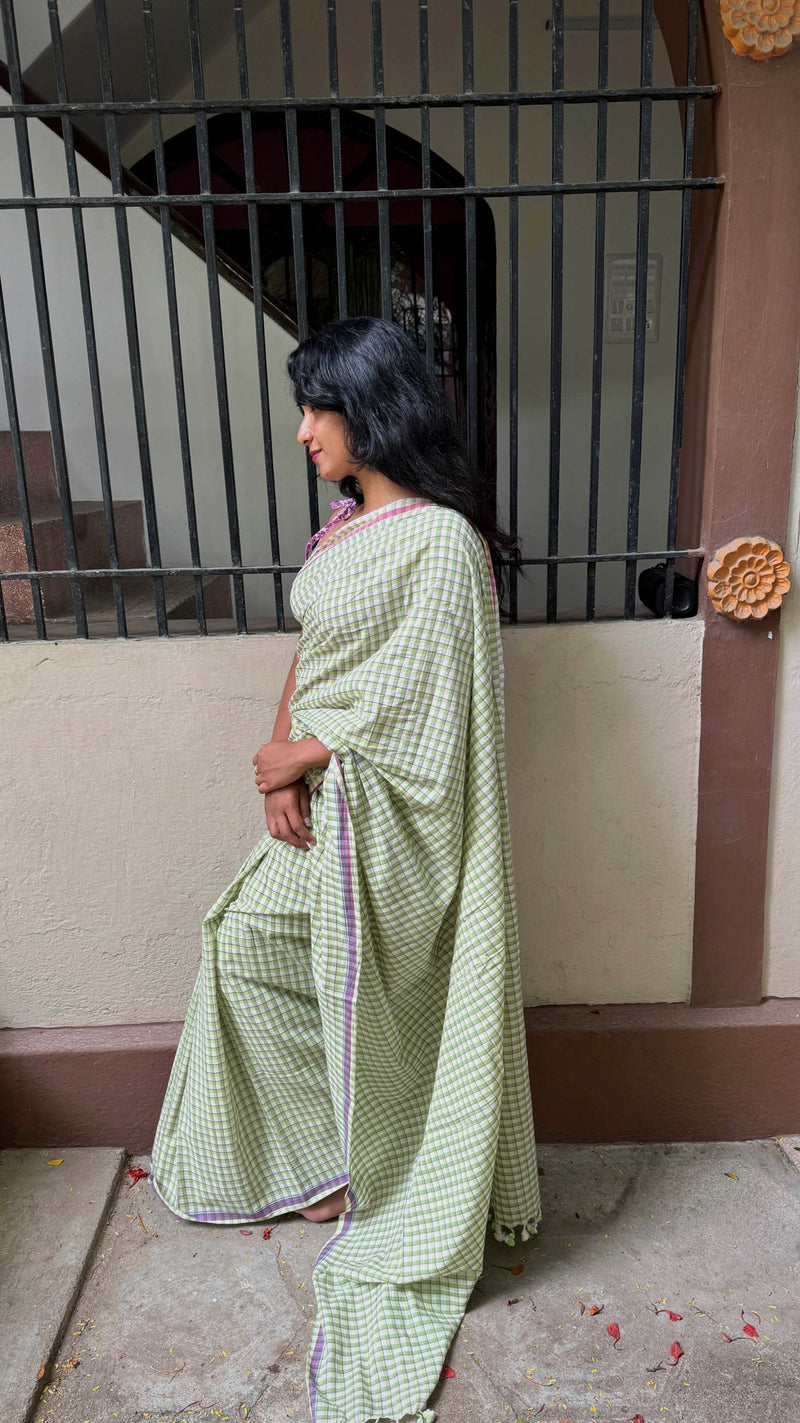 Light Green & Purple Checks Handloom Cotton Saree