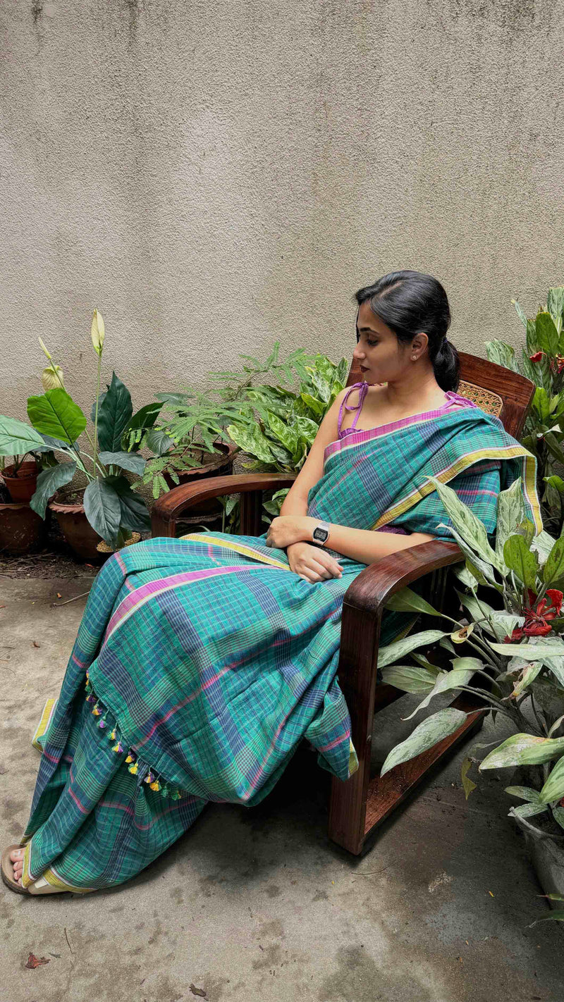 Green & Blue Checks Handloom Cotton Saree