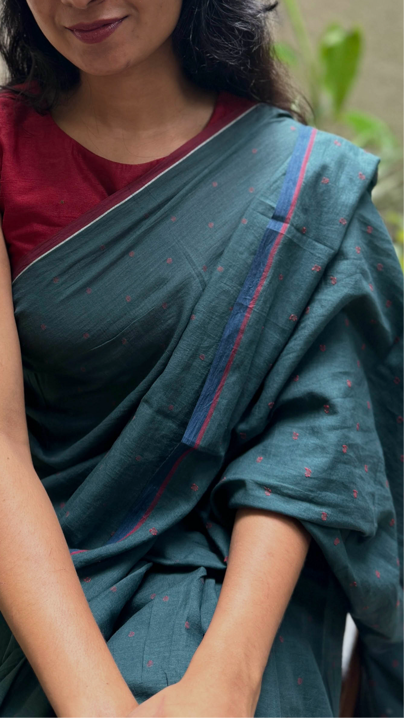 Green & Red Dots - Handloom Cotton Jamdani Saree