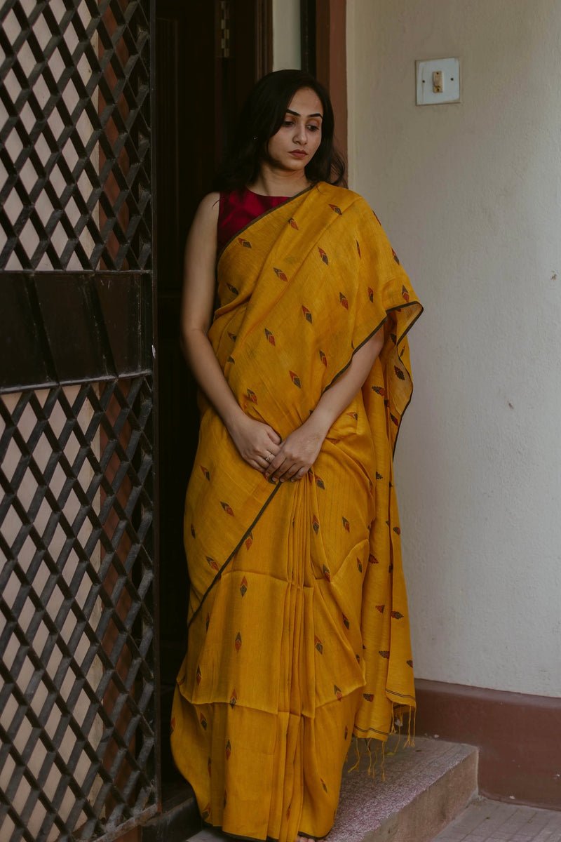 Bright Yellow - Handloom Linen Jamdani Saree