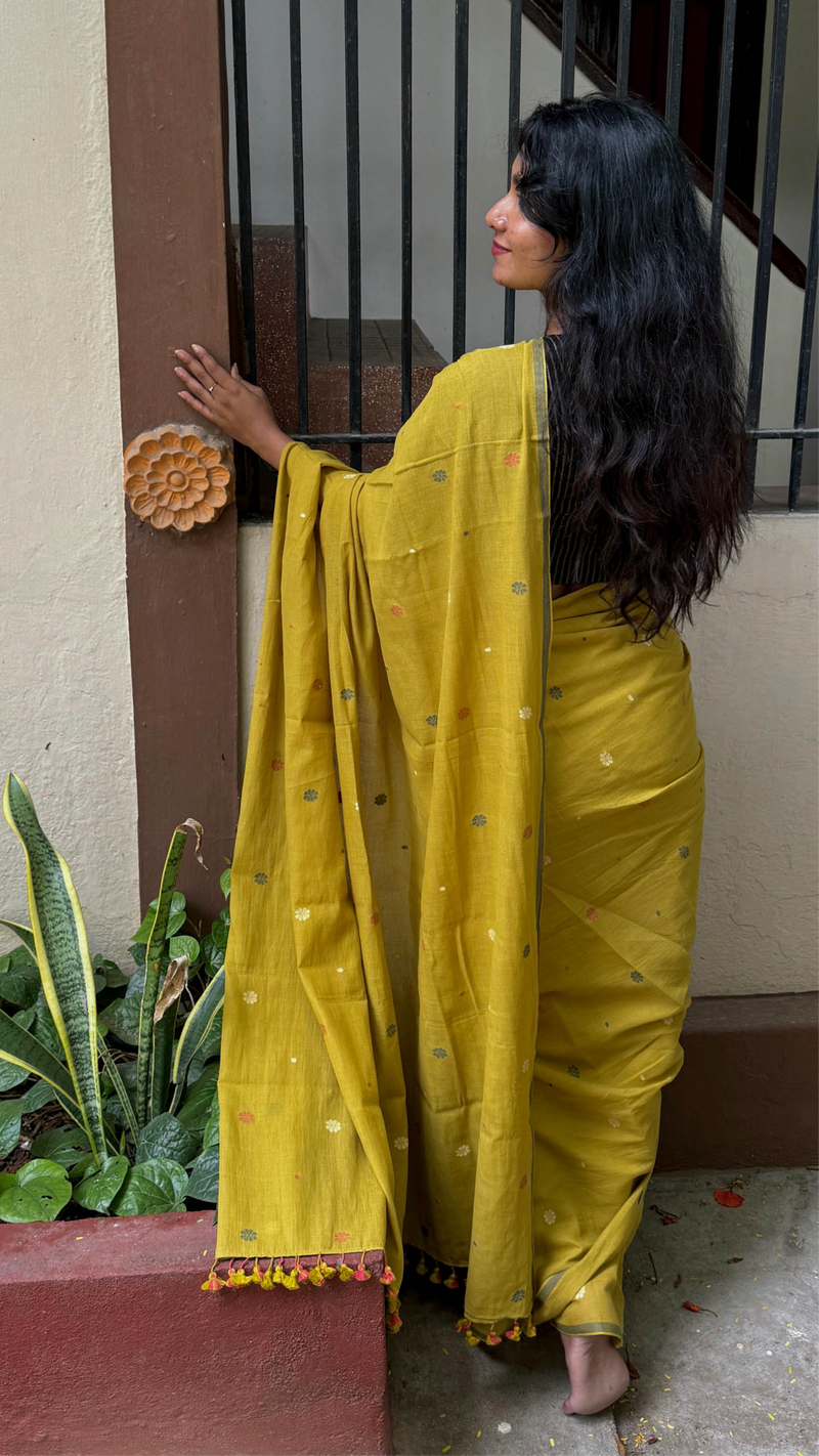 Yellow Multicolour Floral-Handloom Cotton Jamdani Saree