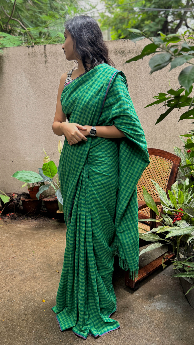 Green Checks - Handloom Linen Saree