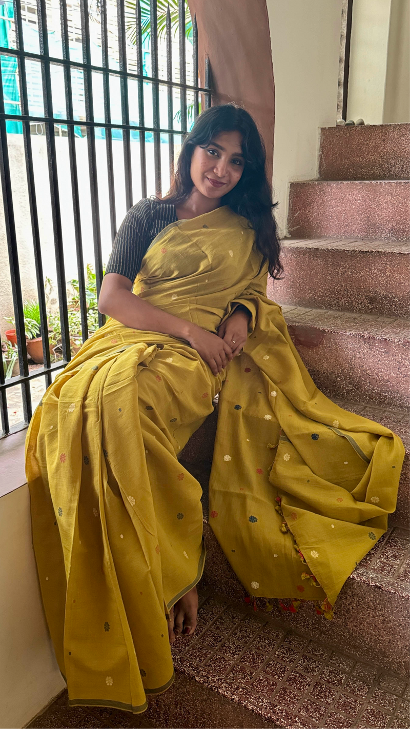 Yellow Multicolour Floral-Handloom Cotton Jamdani Saree