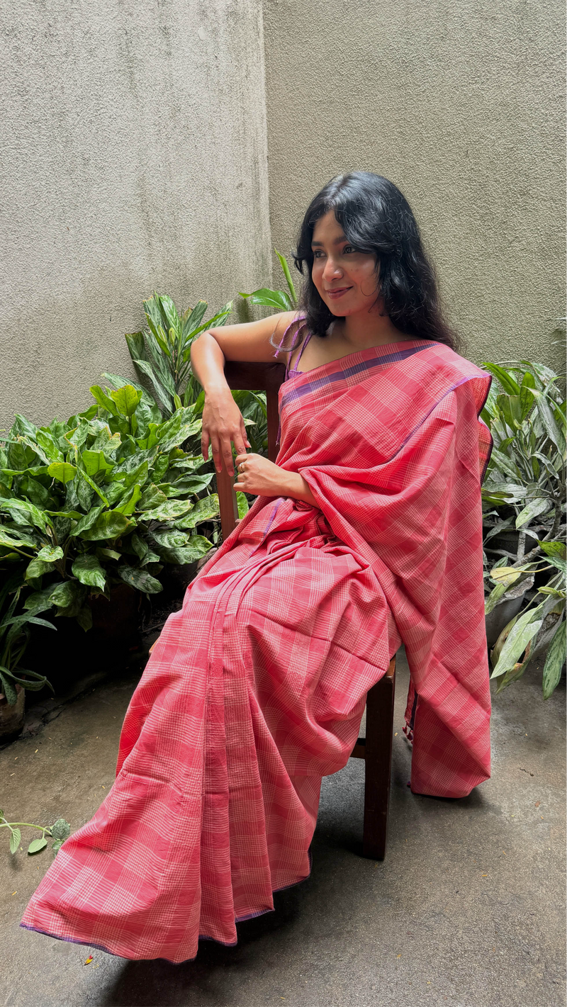 Dark Peach Checks - Handloom Cotton Saree