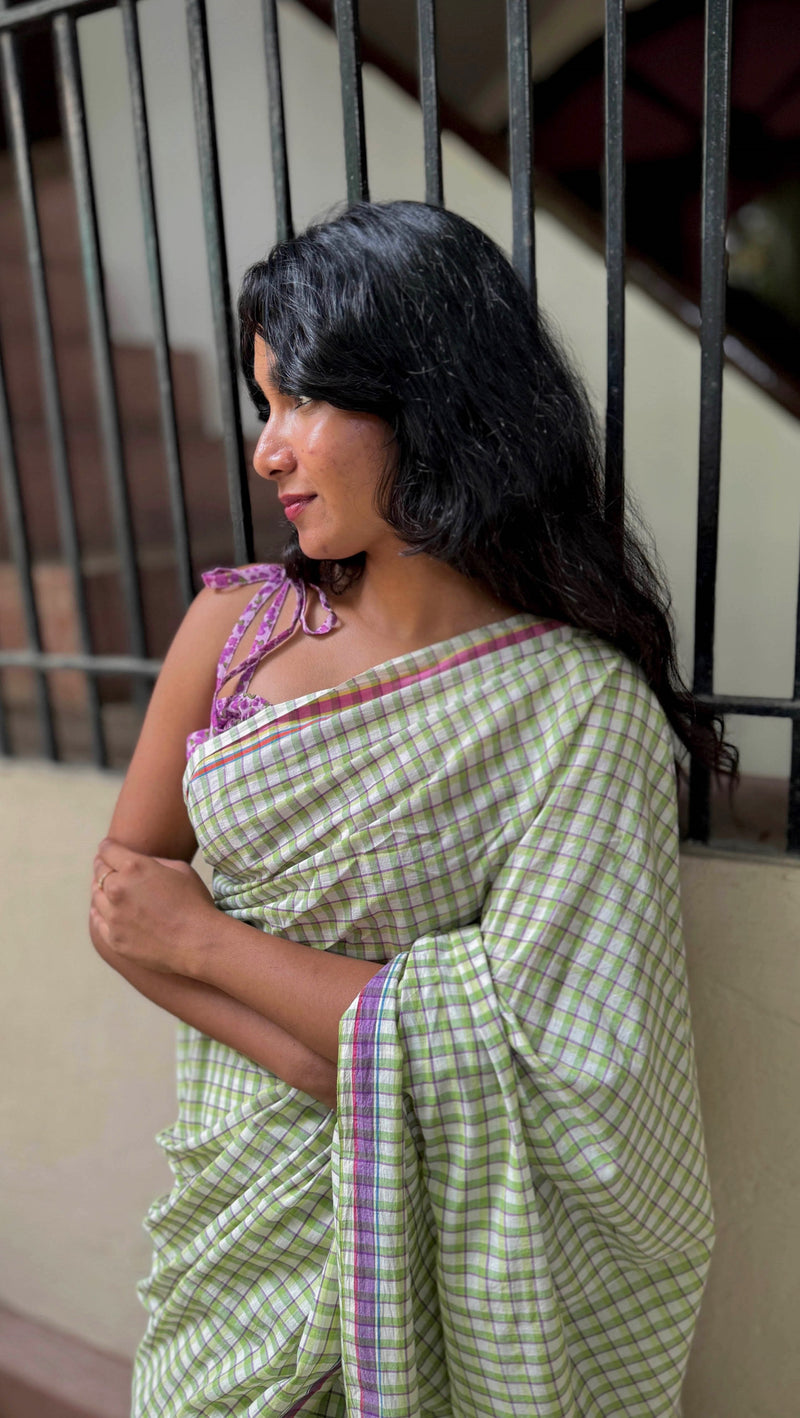 Light Green & Purple Checks Handloom Cotton Saree