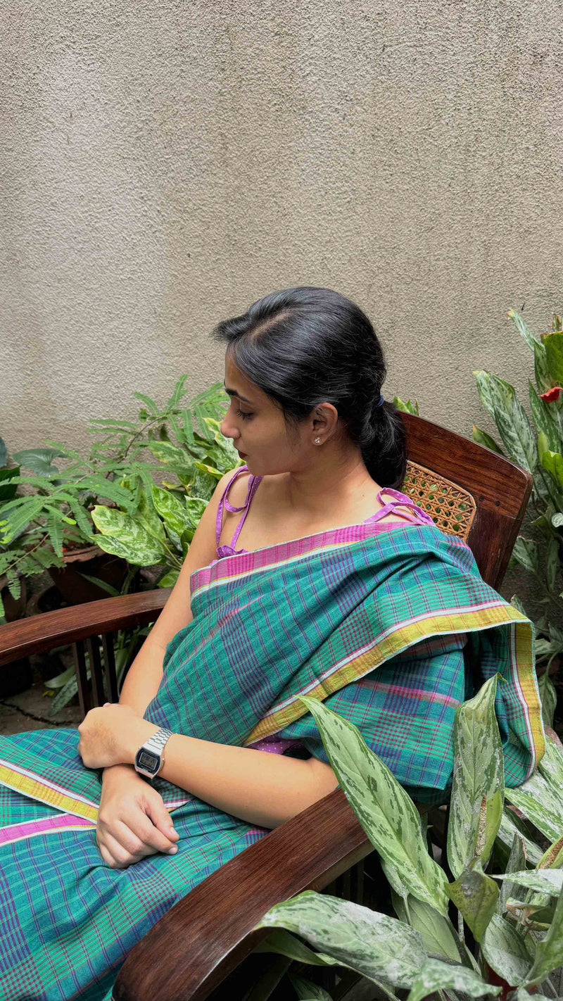 Green & Blue Checks Handloom Cotton Saree