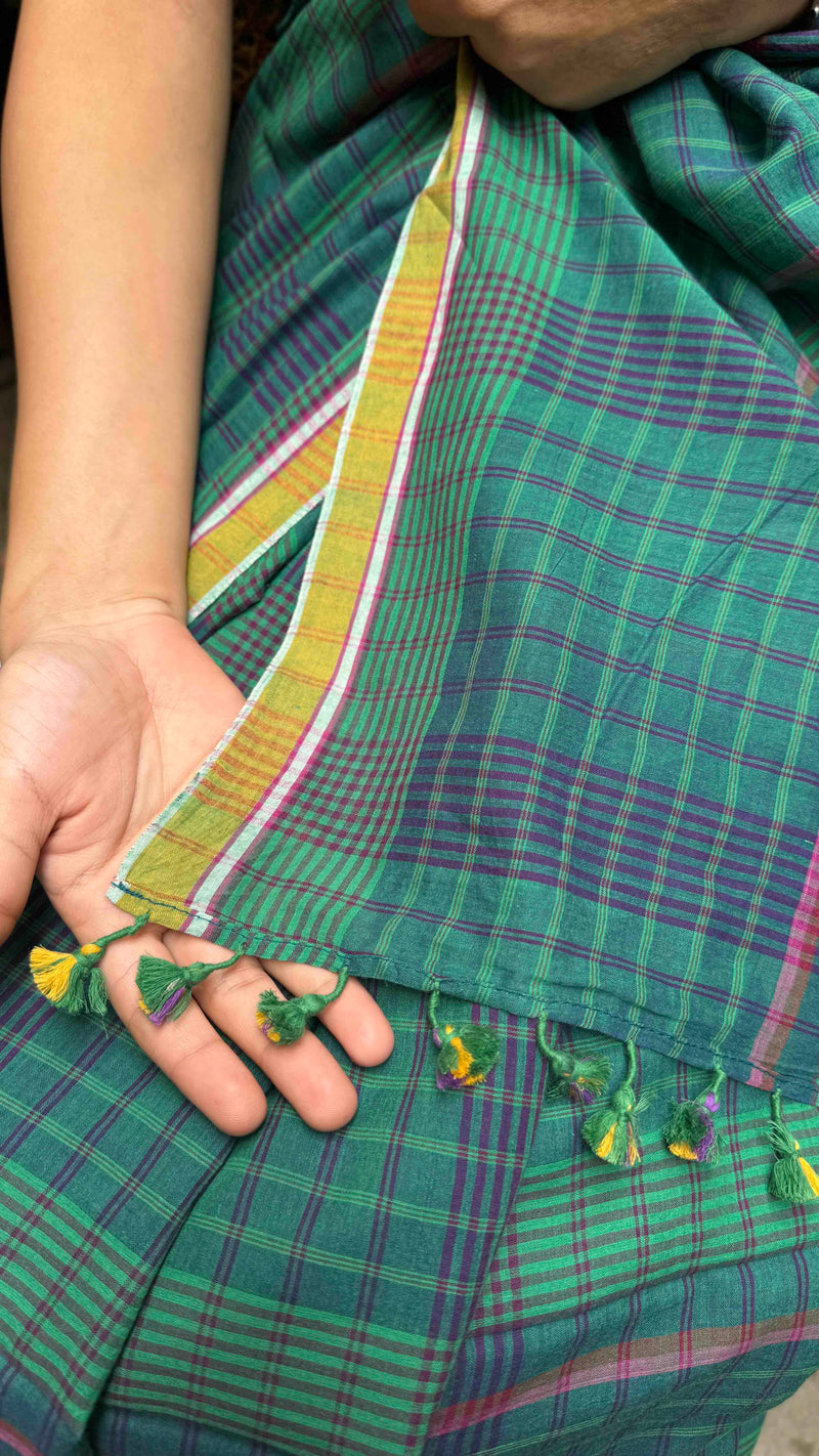 Green & Blue Checks Handloom Cotton Saree