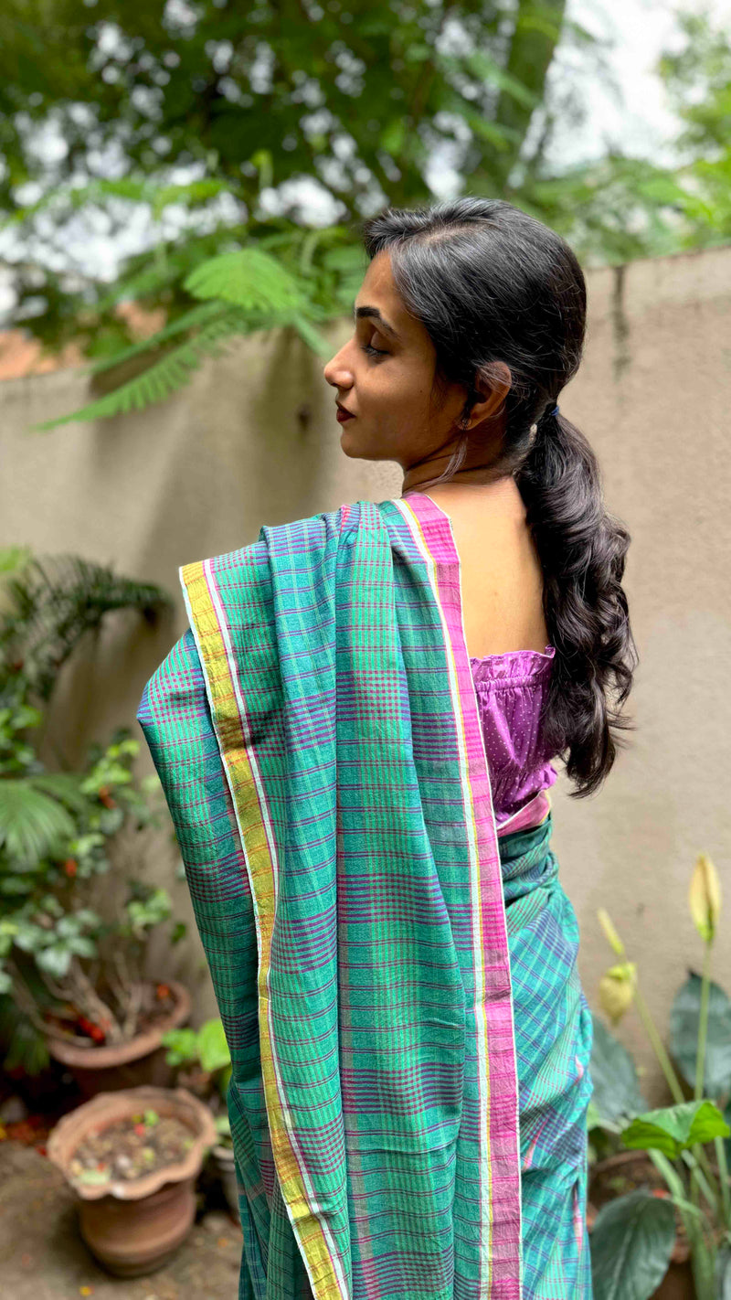 Green & Blue Checks Handloom Cotton Saree