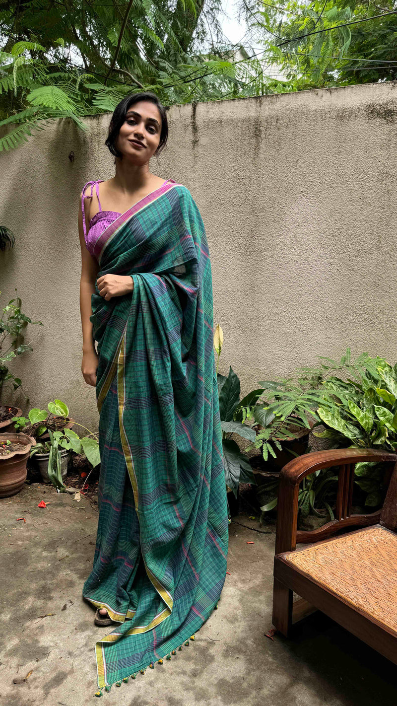 Green & Blue Checks Handloom Cotton Saree